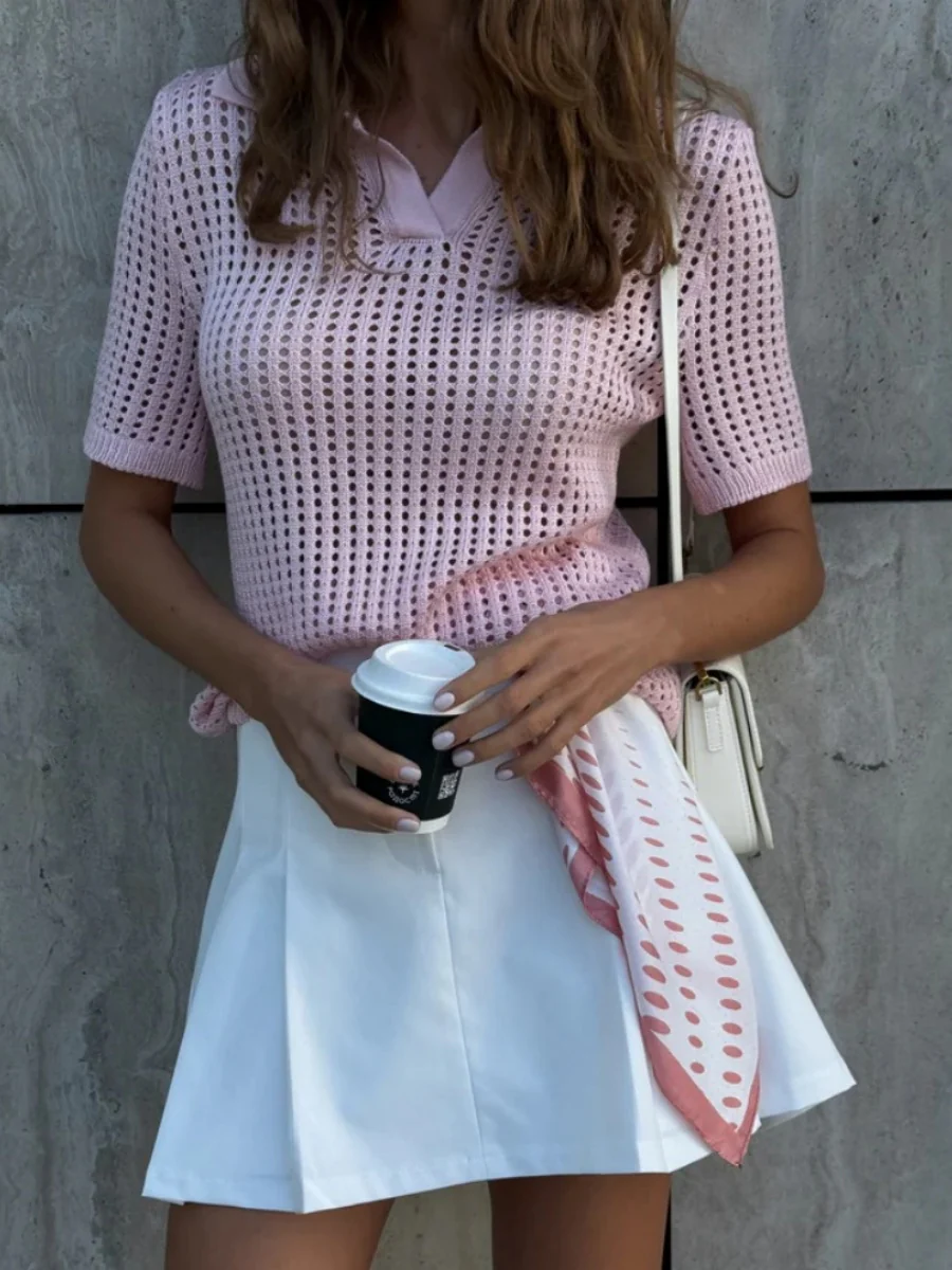 Hollow Crochet Lapel Short Sleeve Knitwear T-shirts - Image 5