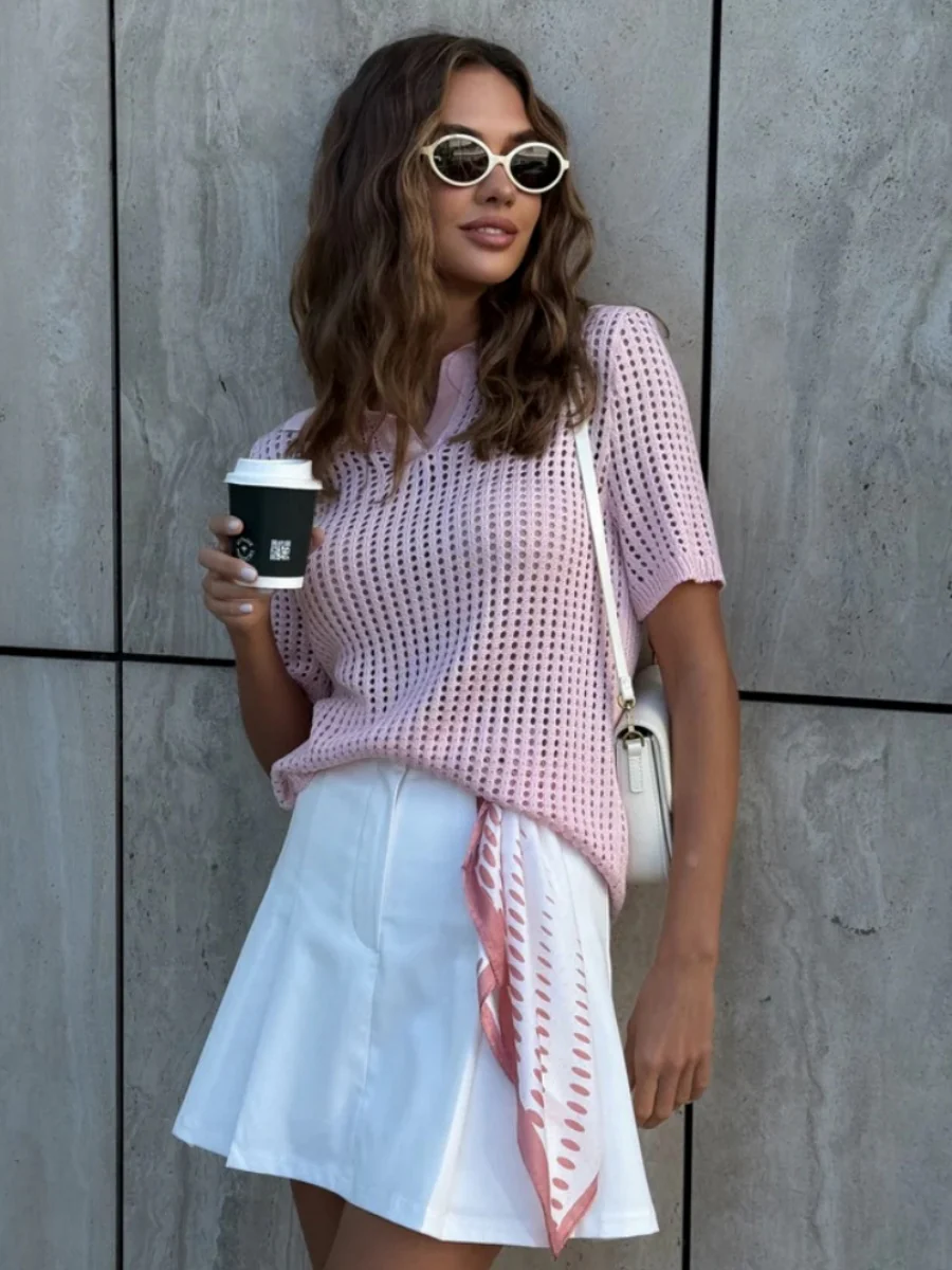Hollow Crochet Lapel Short Sleeve Knitwear T-shirts - Image 6