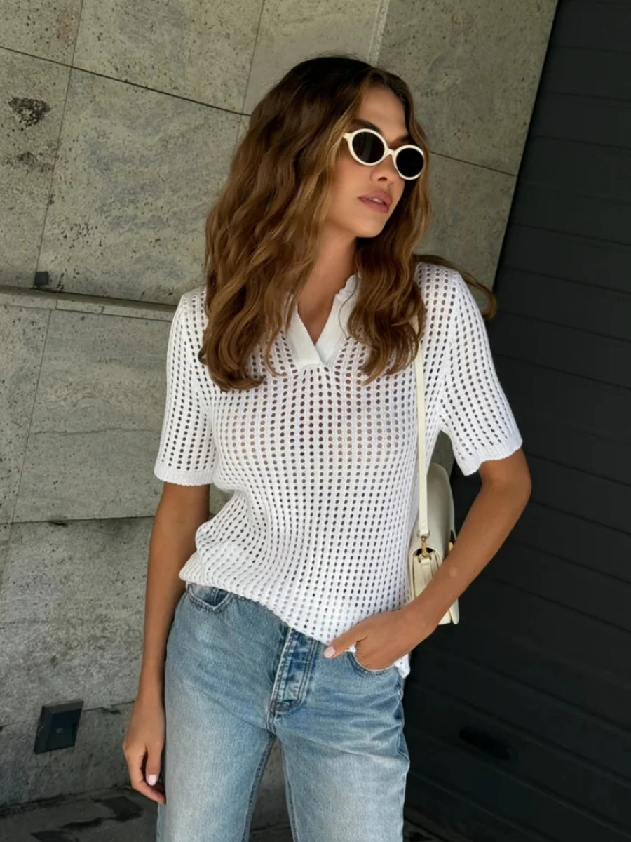 Hollow Crochet Lapel Short Sleeve Knitwear T-shirts - Image 7