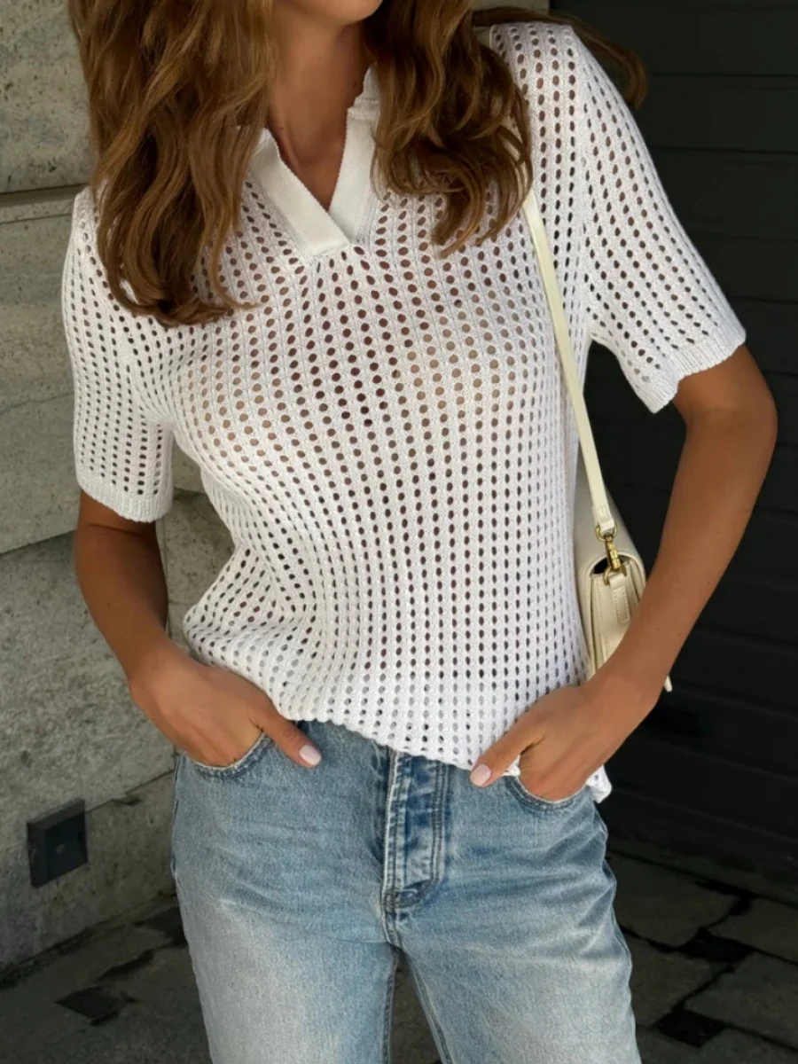 Hollow Crochet Lapel Short Sleeve Knitwear T-shirts - Image 9