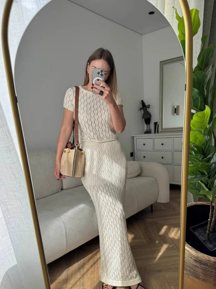 Jacquard Knitting Hollow Short-sleeved Top Skirts Set 2-piece Sets - Image 2
