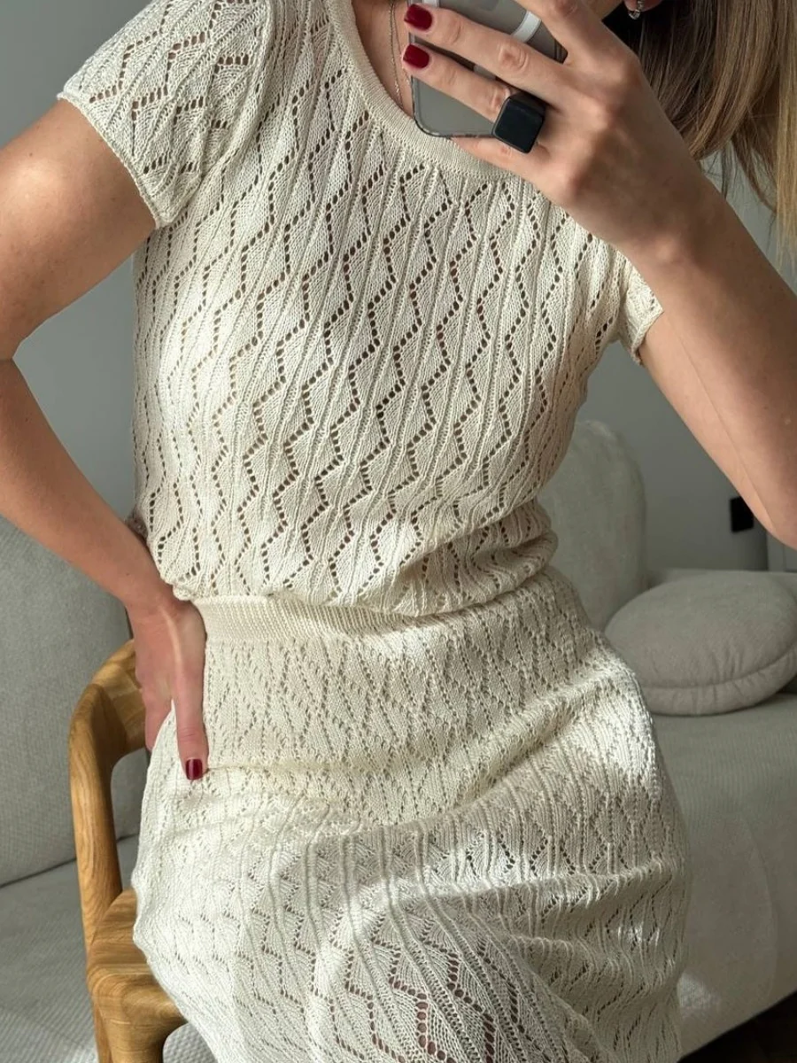 Jacquard Knitting Hollow Short-sleeved Top Skirts Set 2-piece Sets - Image 4