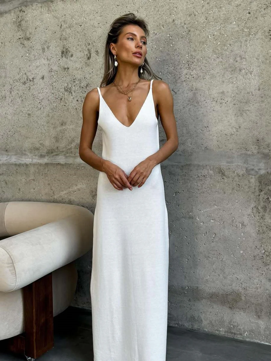 Camisoles Backless V-neck Knitting Crochet Maxi Dresses - Image 5