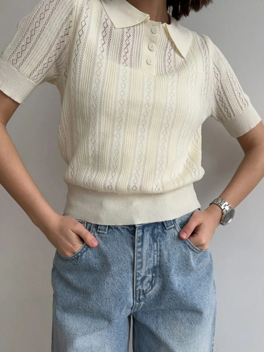 Hollow Crochet Lapel Short Sleeve Knitwear T-shirts - Image 2