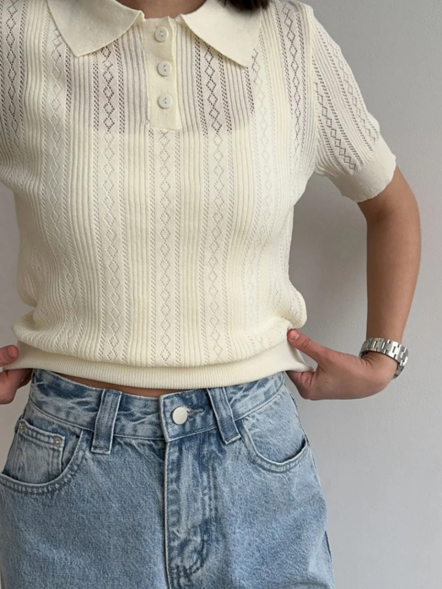 Hollow Crochet Lapel Short Sleeve Knitwear T-shirts - Image 3