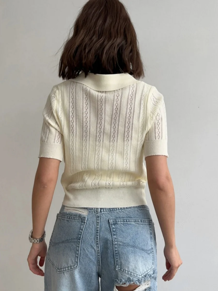 Hollow Crochet Lapel Short Sleeve Knitwear T-shirts - Image 4