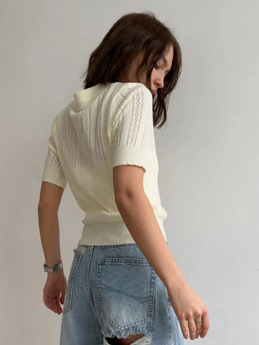Hollow Crochet Lapel Short Sleeve Knitwear T-shirts - Image 5