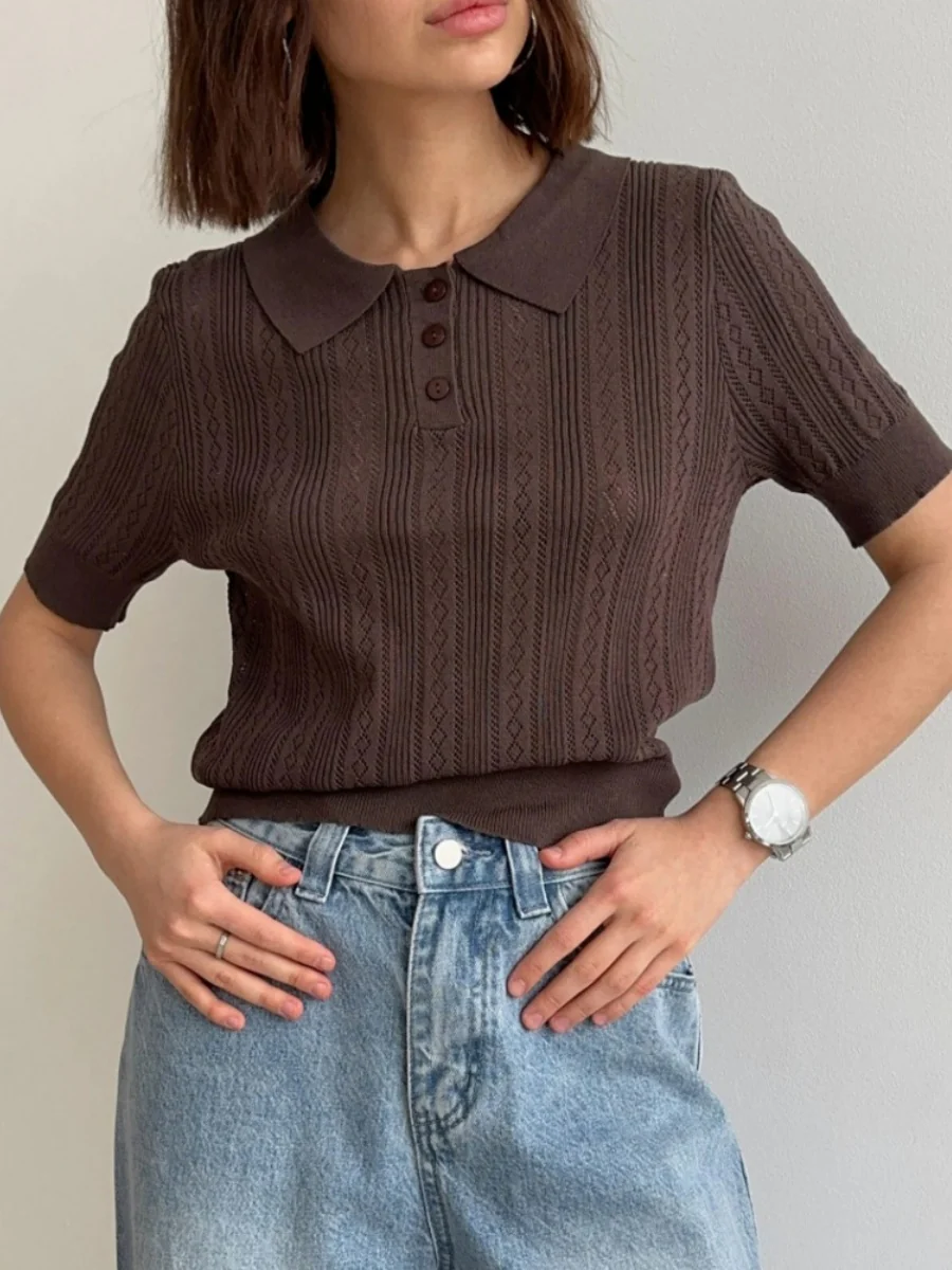 Hollow Crochet Lapel Short Sleeve Knitwear T-shirts - Image 6