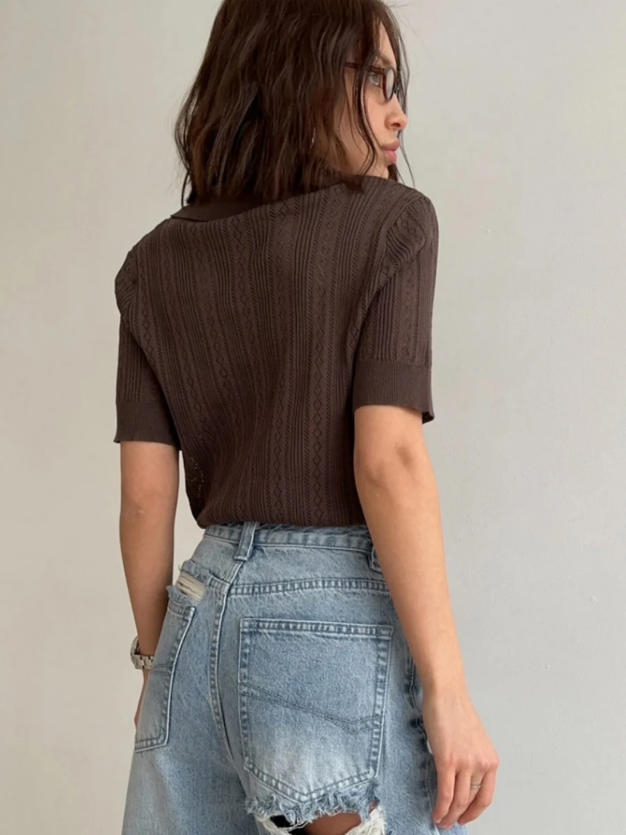 Hollow Crochet Lapel Short Sleeve Knitwear T-shirts - Image 7