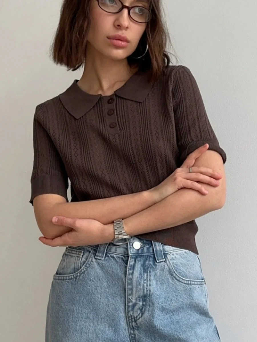 Hollow Crochet Lapel Short Sleeve Knitwear T-shirts - Image 8