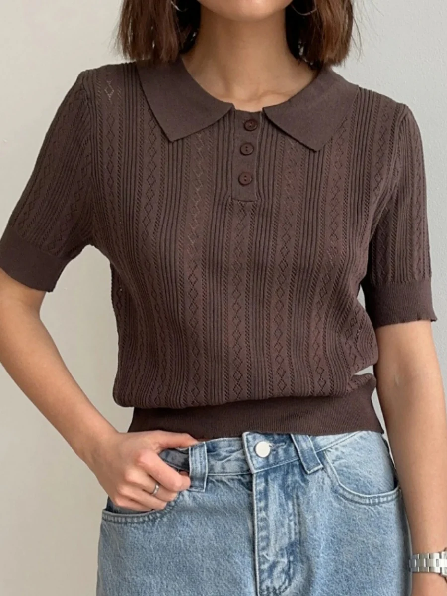 Hollow Crochet Lapel Short Sleeve Knitwear T-shirts - Image 9