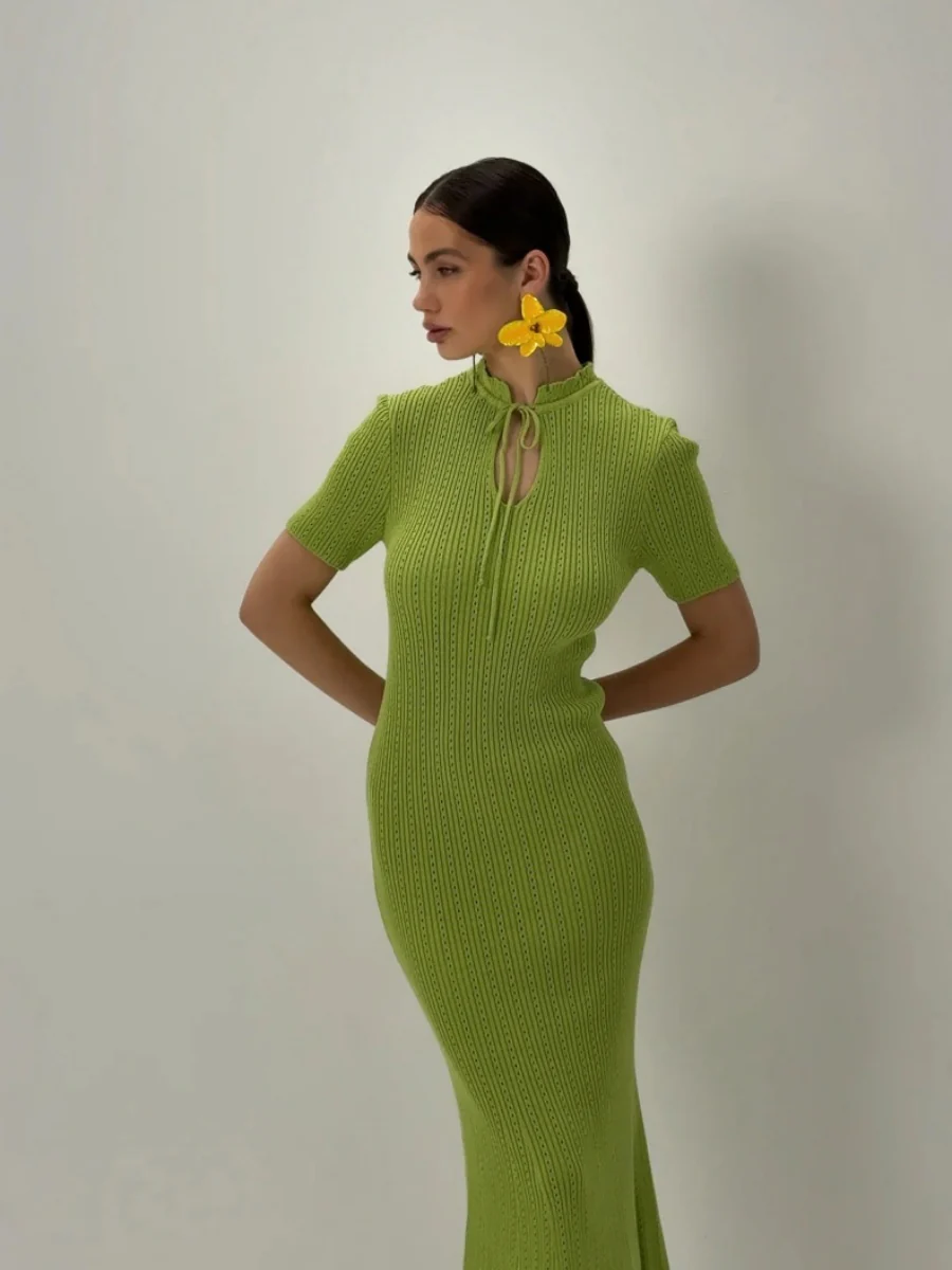 Hollow Knitting Crochet Jacquard Hip-hugging Short Sleeve Grace Maxi Dresses