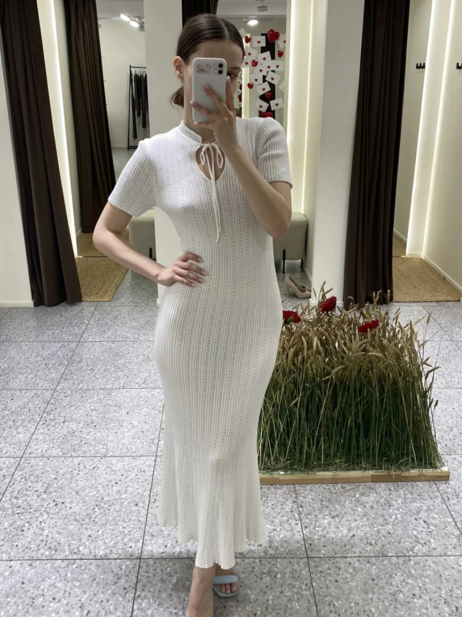 Hollow Knitting Crochet Jacquard Hip-hugging Short Sleeve Grace Maxi Dresses - Image 10
