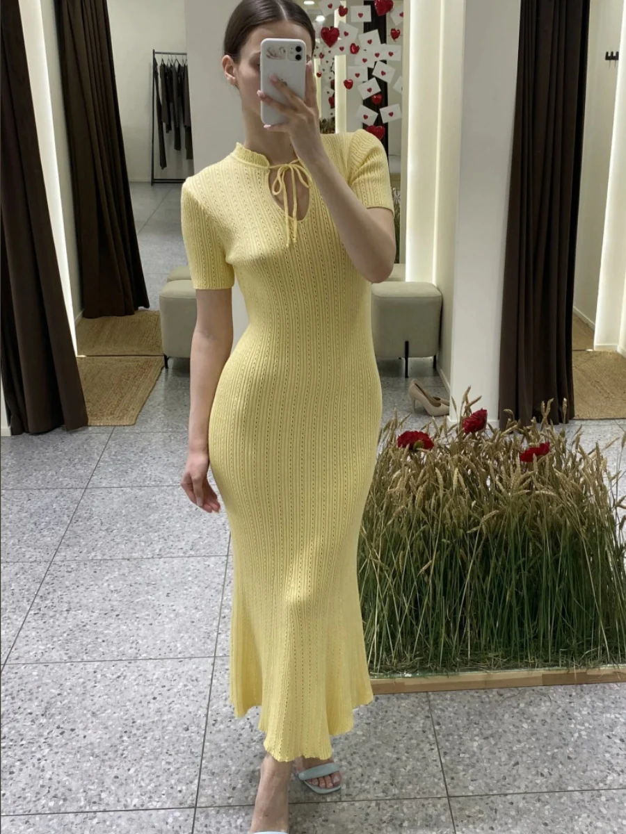 Hollow Knitting Crochet Jacquard Hip-hugging Short Sleeve Grace Maxi Dresses - Image 11
