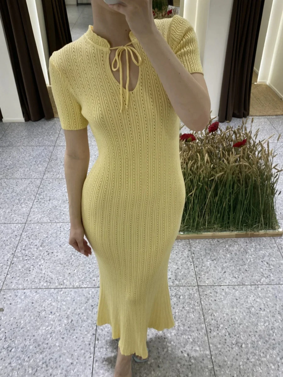 Hollow Knitting Crochet Jacquard Hip-hugging Short Sleeve Grace Maxi Dresses - Image 12