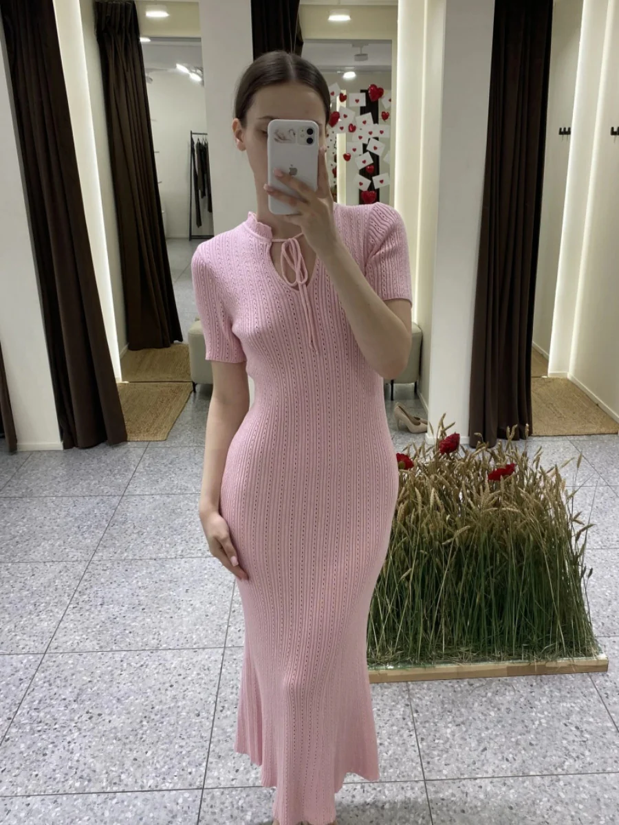 Hollow Knitting Crochet Jacquard Hip-hugging Short Sleeve Grace Maxi Dresses - Image 13