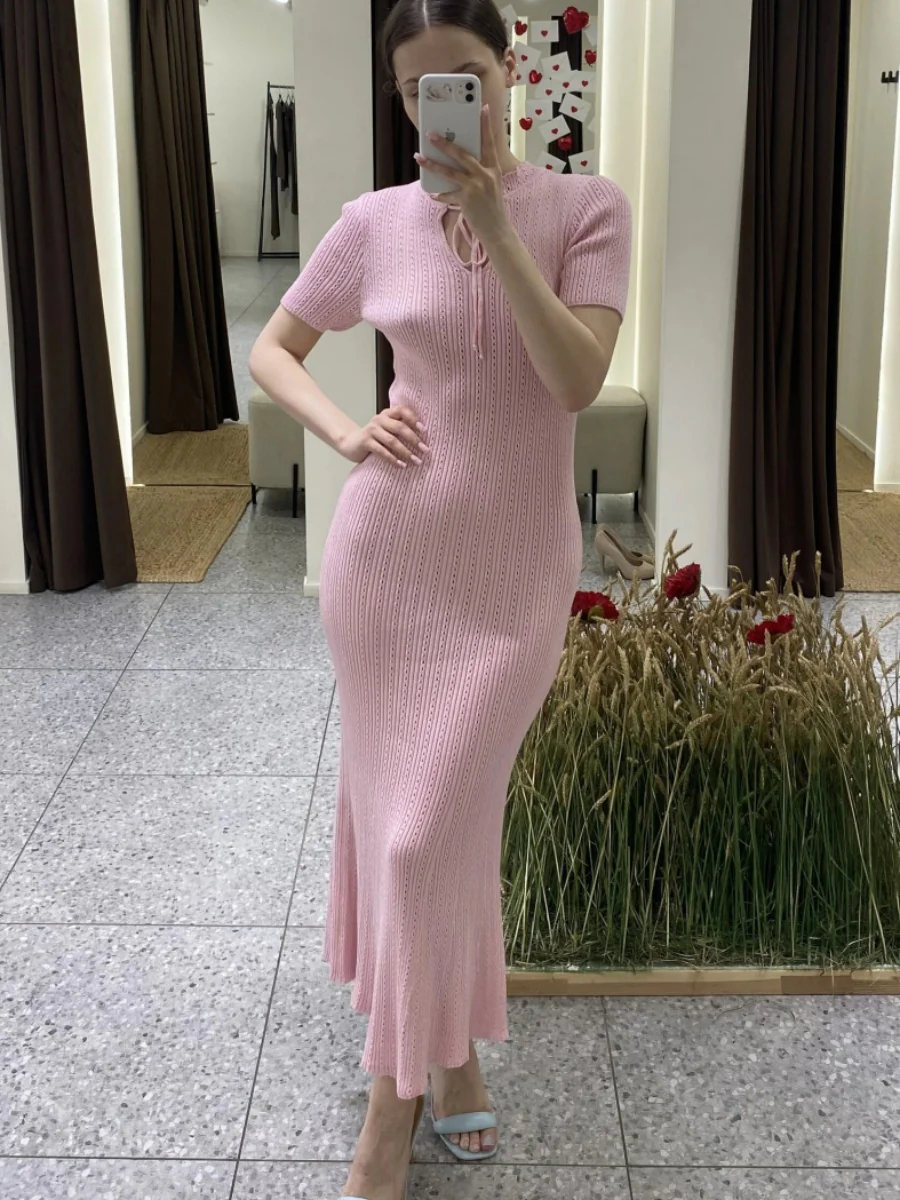 Hollow Knitting Crochet Jacquard Hip-hugging Short Sleeve Grace Maxi Dresses - Image 14