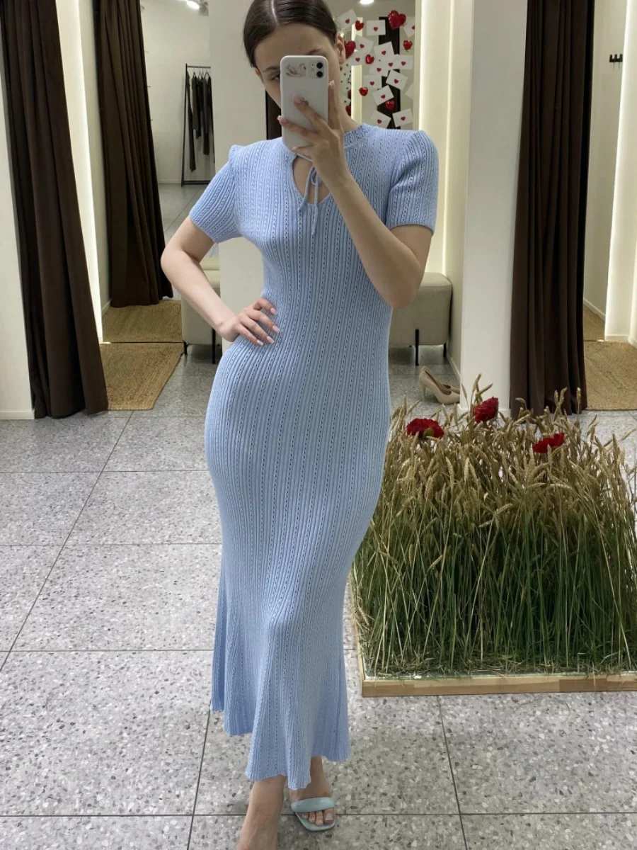 Hollow Knitting Crochet Jacquard Hip-hugging Short Sleeve Grace Maxi Dresses - Image 15