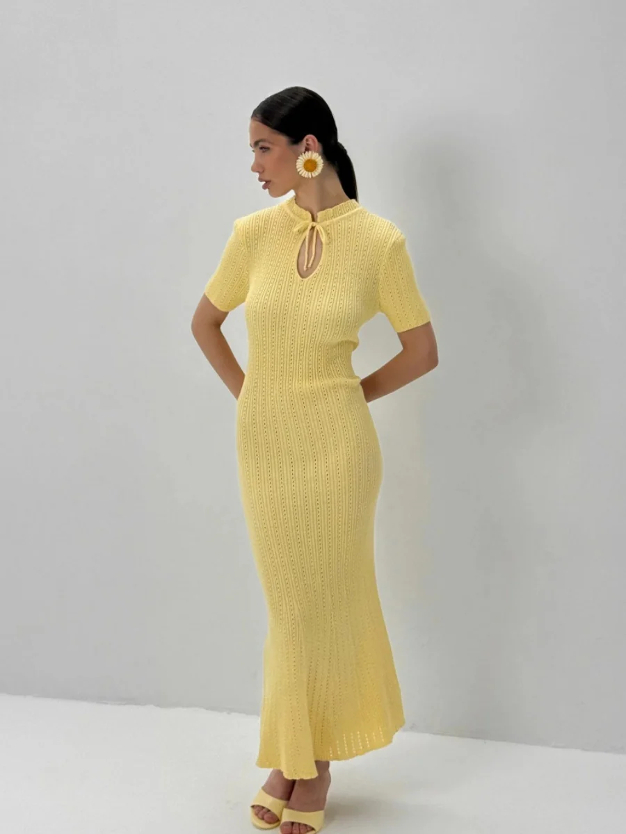 Hollow Knitting Crochet Jacquard Hip-hugging Short Sleeve Grace Maxi Dresses - Image 2