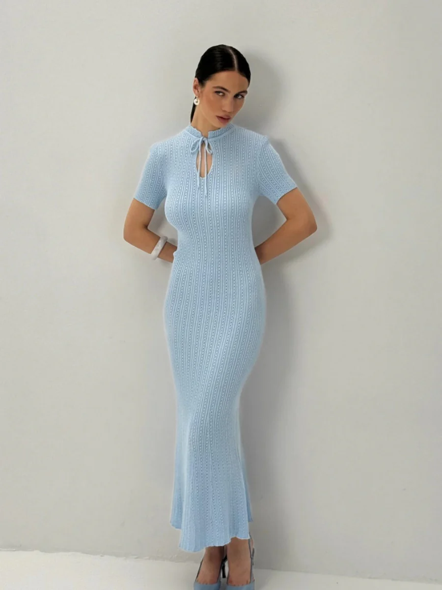 Hollow Knitting Crochet Jacquard Hip-hugging Short Sleeve Grace Maxi Dresses - Image 4