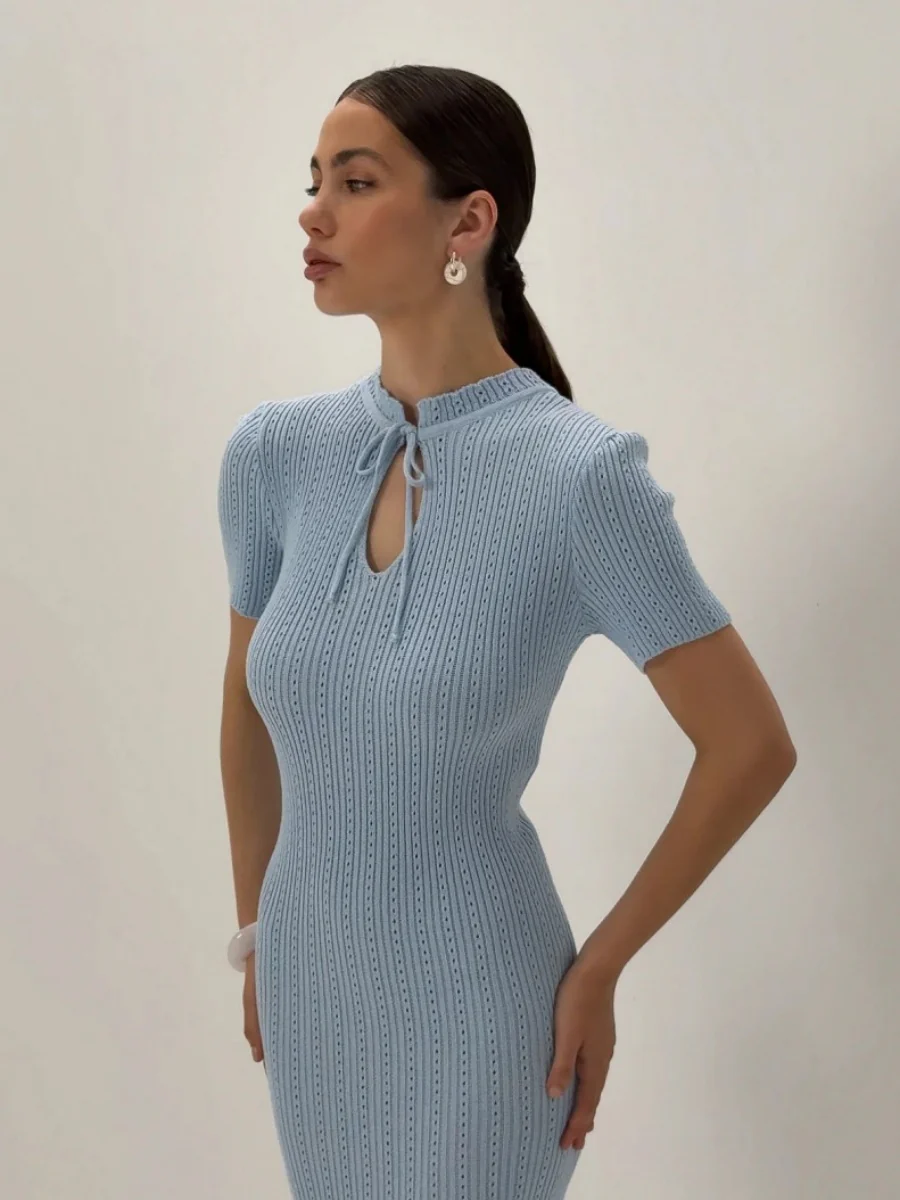Hollow Knitting Crochet Jacquard Hip-hugging Short Sleeve Grace Maxi Dresses - Image 6