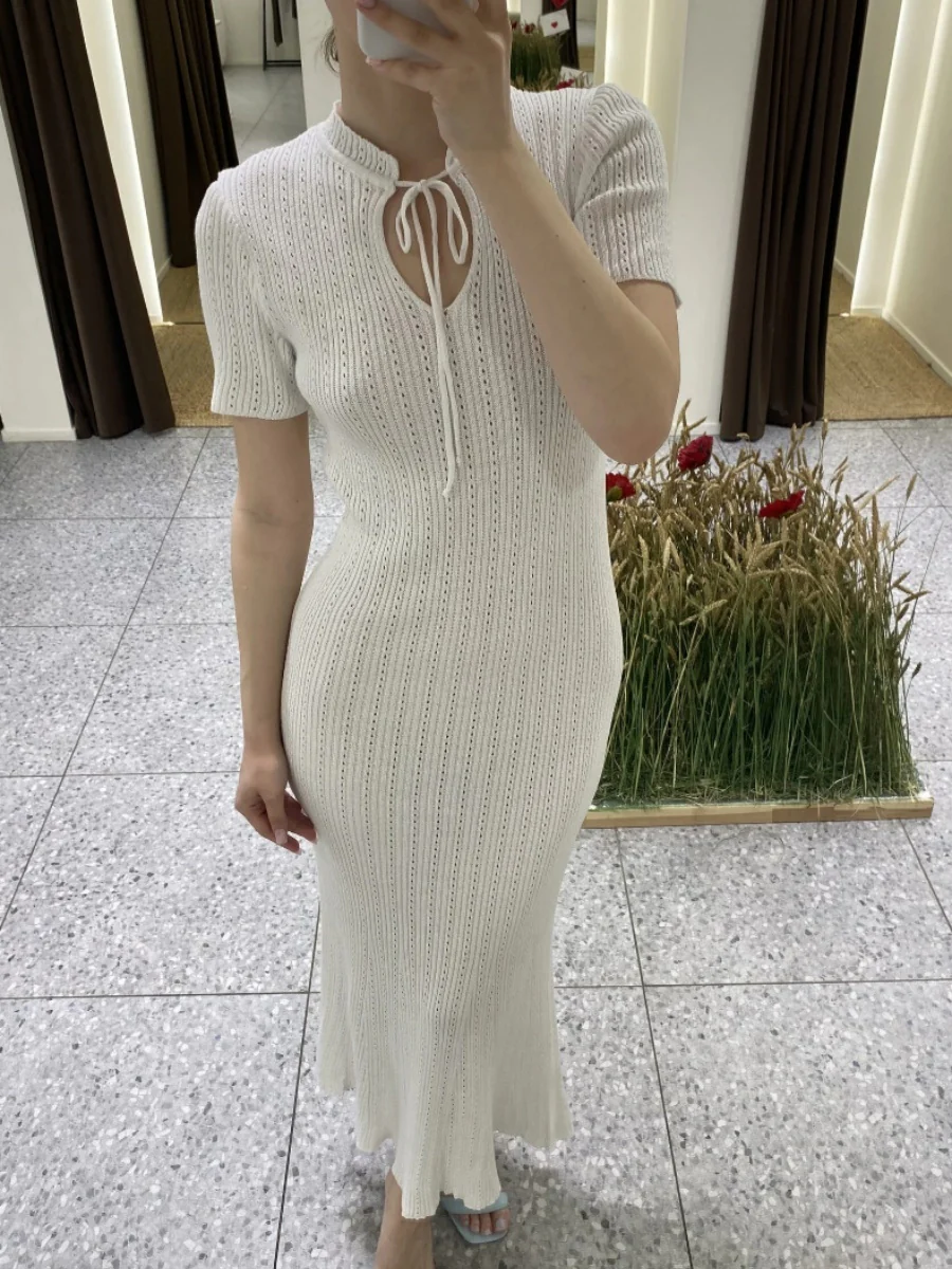 Hollow Knitting Crochet Jacquard Hip-hugging Short Sleeve Grace Maxi Dresses - Image 9