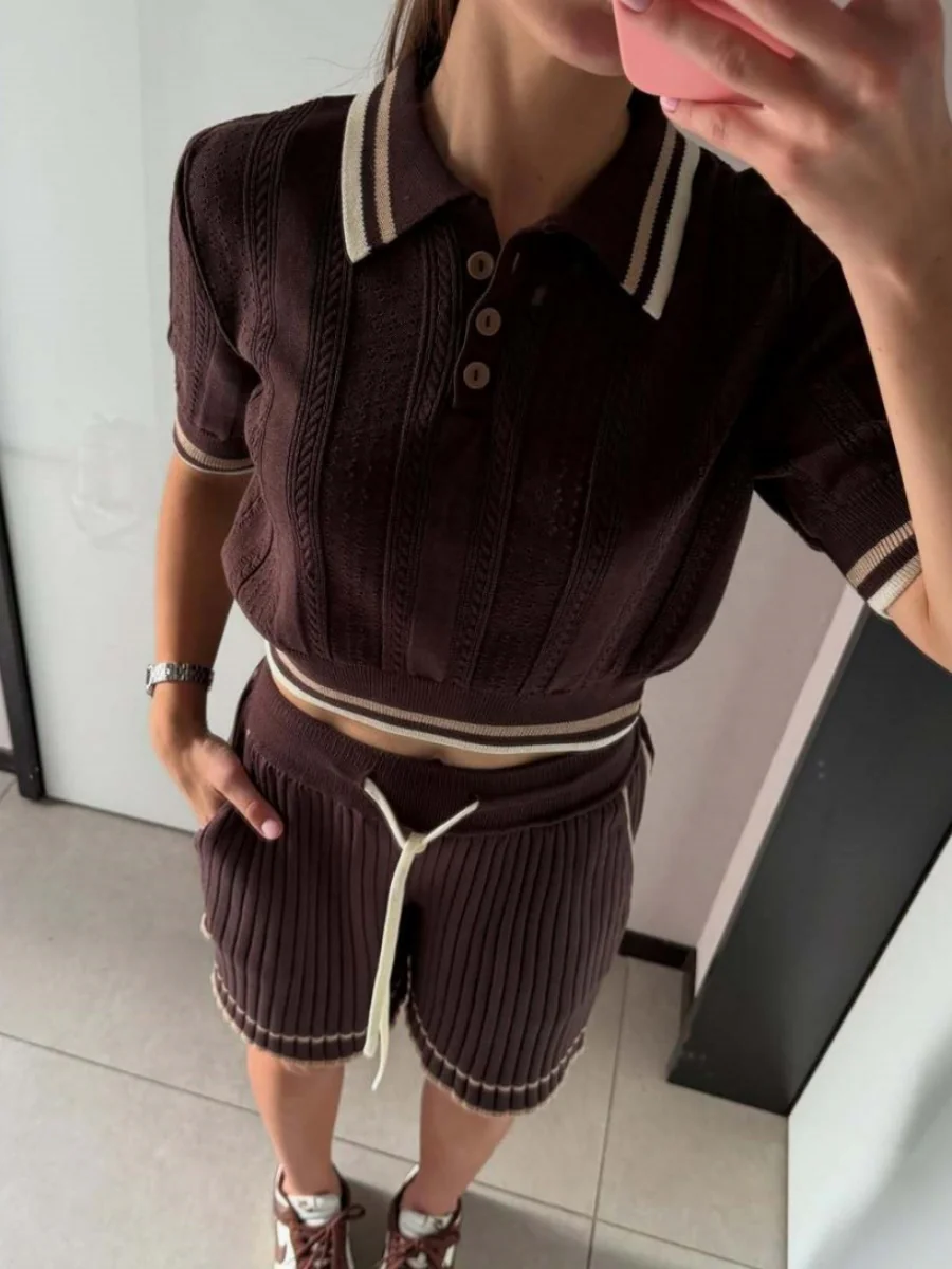 Academic Style Lapel Ice Silk Short Cardigan Color-blocked Drawstring Shorts Set 2-piece Sets - Image 10