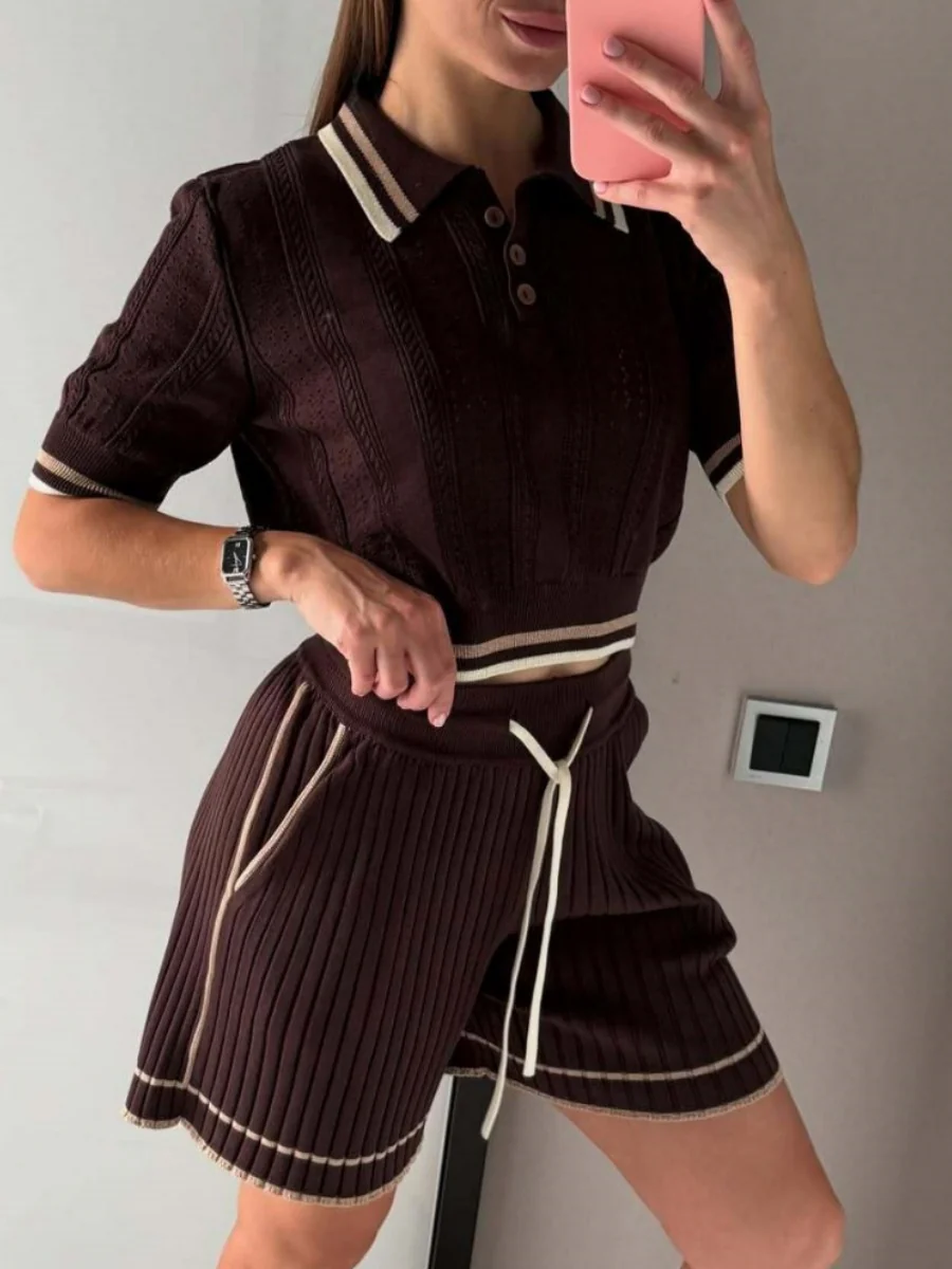 Academic Style Lapel Ice Silk Short Cardigan Color-blocked Drawstring Shorts Set 2-piece Sets - Image 11