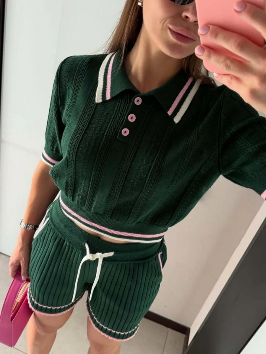 Academic Style Lapel Ice Silk Short Cardigan Color-blocked Drawstring Shorts Set 2-piece Sets - Image 12