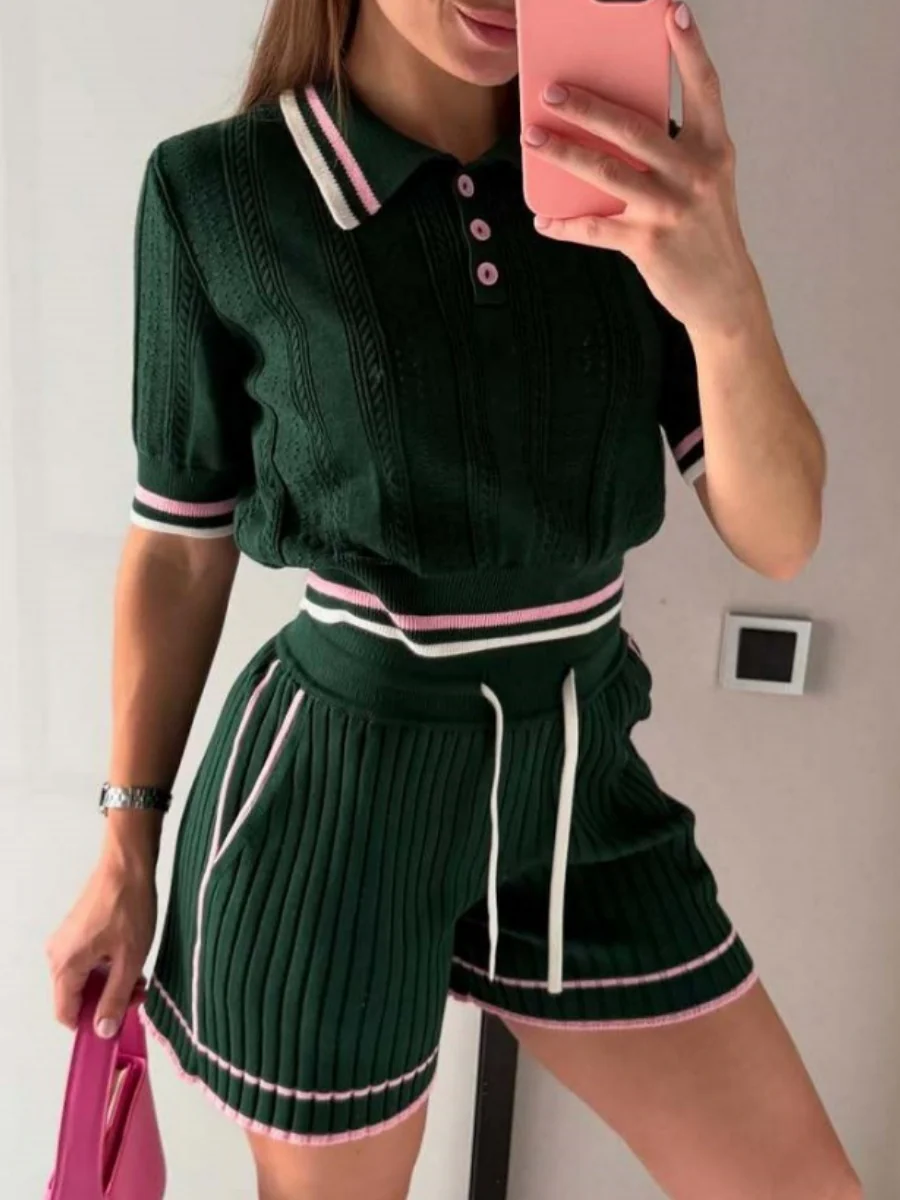 Academic Style Lapel Ice Silk Short Cardigan Color-blocked Drawstring Shorts Set 2-piece Sets - Image 13