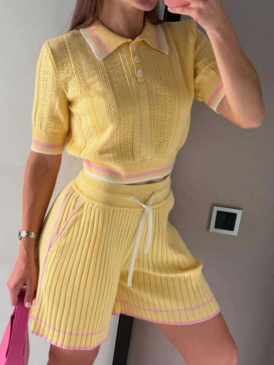 Academic Style Lapel Ice Silk Short Cardigan Color-blocked Drawstring Shorts Set 2-piece Sets - Image 2