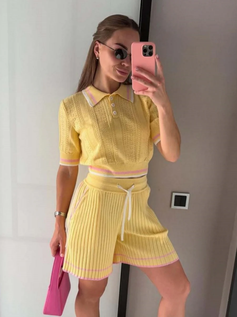 Academic Style Lapel Ice Silk Short Cardigan Color-blocked Drawstring Shorts Set 2-piece Sets - Image 3