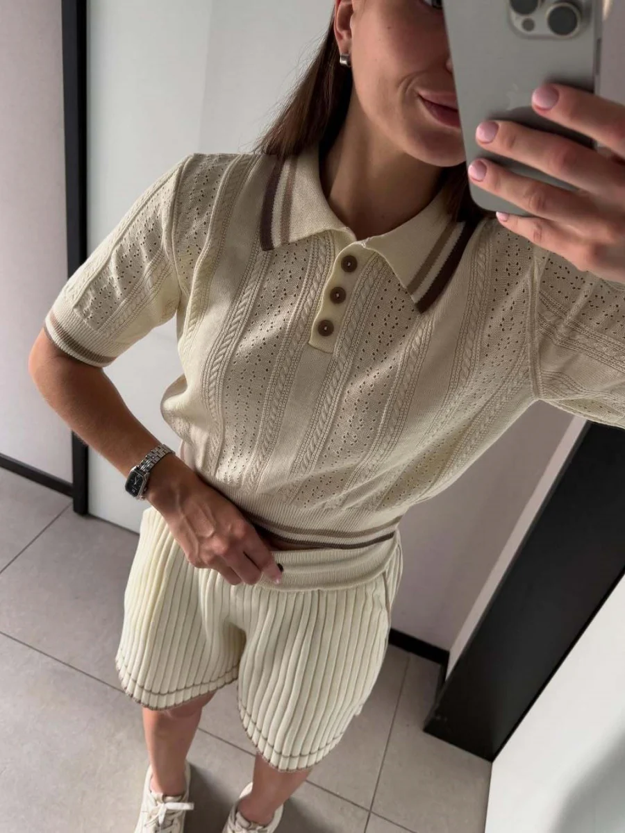 Academic Style Lapel Ice Silk Short Cardigan Color-blocked Drawstring Shorts Set 2-piece Sets - Image 4