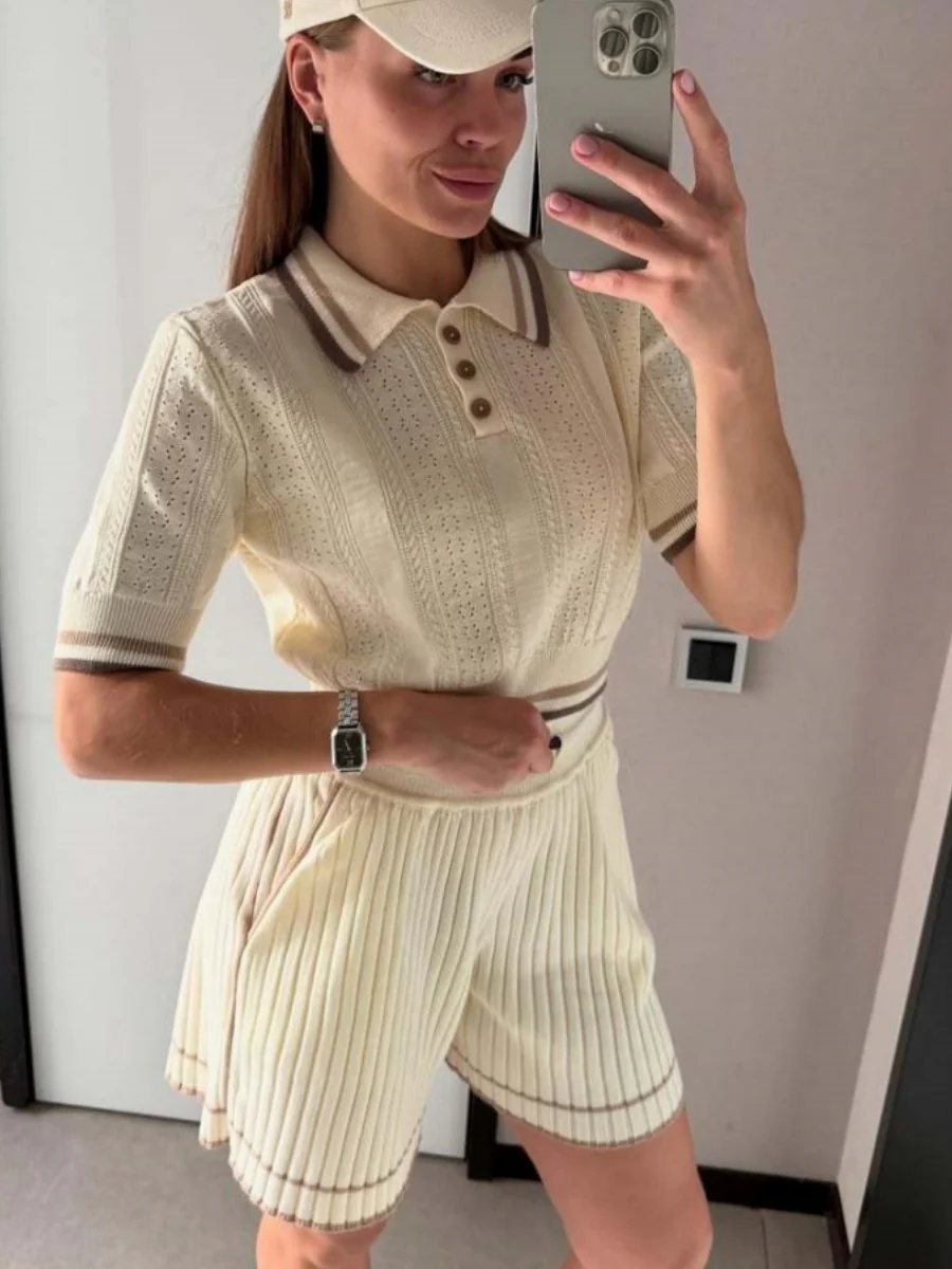 Academic Style Lapel Ice Silk Short Cardigan Color-blocked Drawstring Shorts Set 2-piece Sets - Image 5