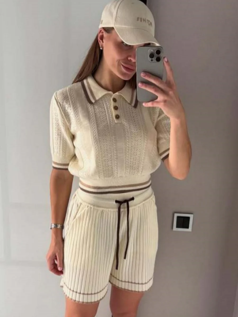 Academic Style Lapel Ice Silk Short Cardigan Color-blocked Drawstring Shorts Set 2-piece Sets - Image 6