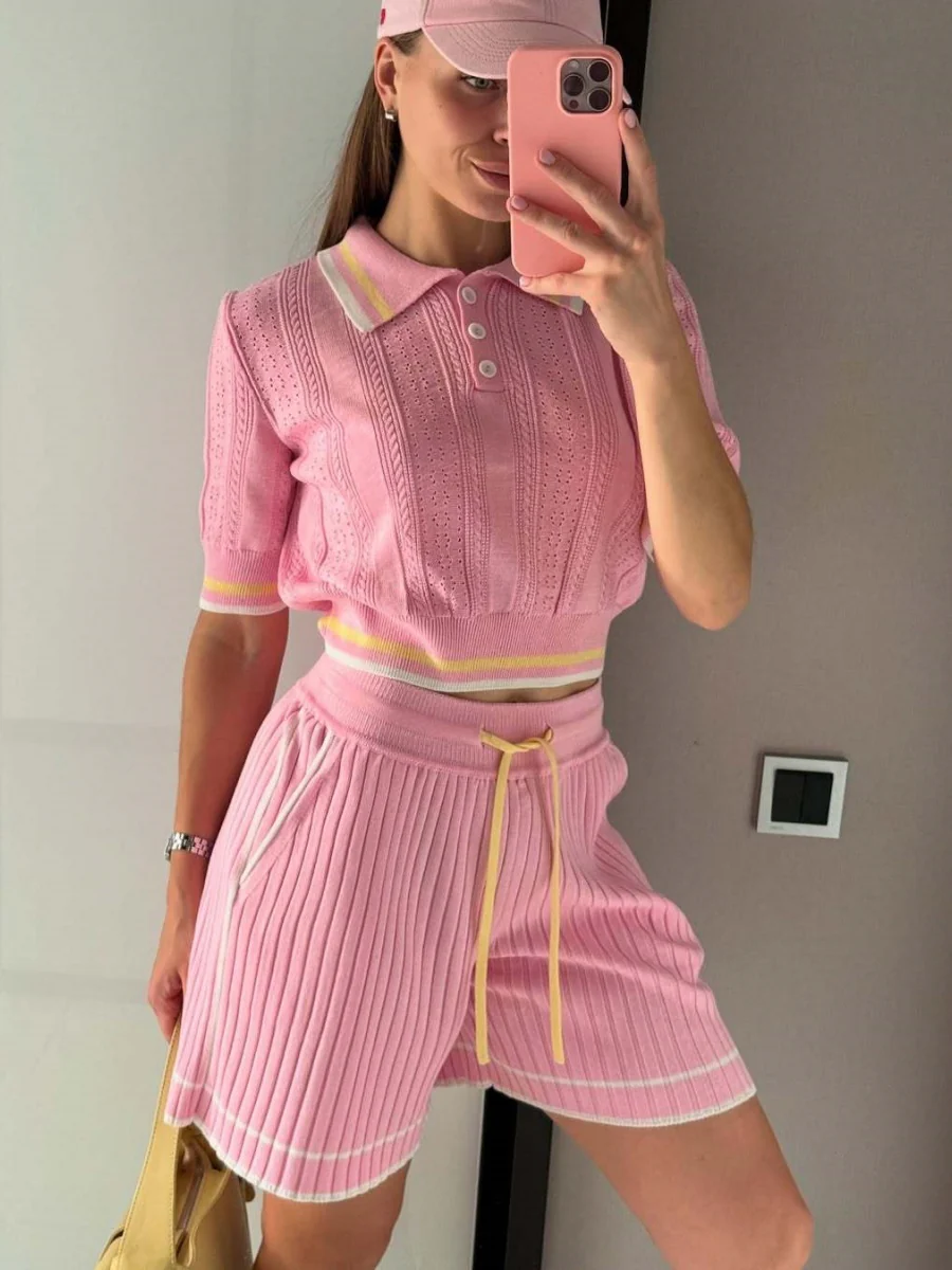 Academic Style Lapel Ice Silk Short Cardigan Color-blocked Drawstring Shorts Set 2-piece Sets - Image 7