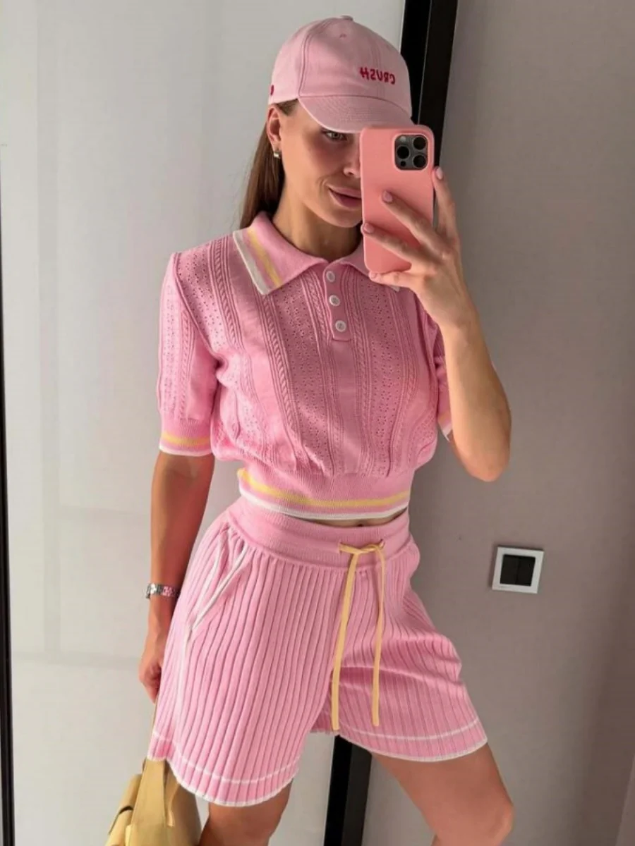 Academic Style Lapel Ice Silk Short Cardigan Color-blocked Drawstring Shorts Set 2-piece Sets - Image 8