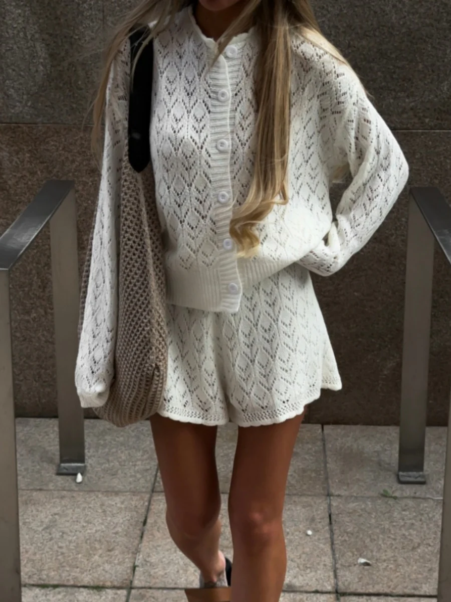 Jacquard Knitting Hollow Cardigan Top Shorts Set 2-piece Sets - Image 3