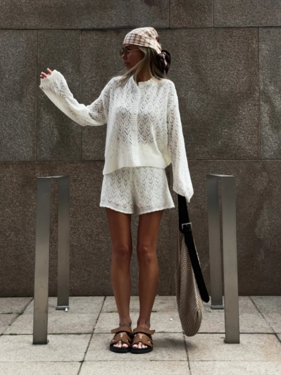 Jacquard Knitting Hollow Cardigan Top Shorts Set 2-piece Sets - Image 4