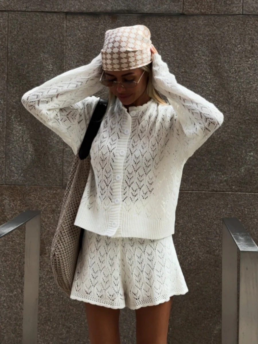 Jacquard Knitting Hollow Cardigan Top Shorts Set 2-piece Sets - Image 5