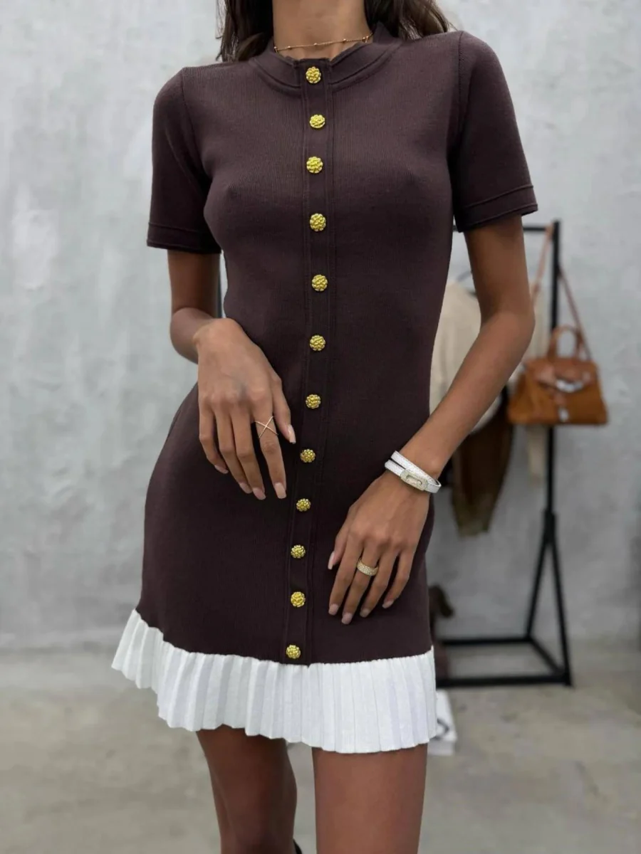 Contrasting Edges Slim-fit Button Short Sleeve Ruffle Mini&Short Dresses - Image 6