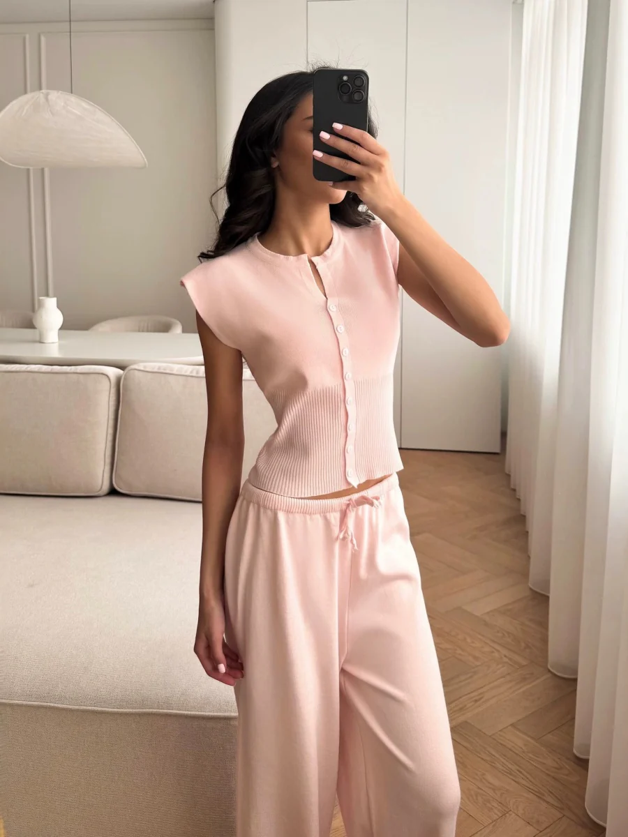 Crew Neck Sleeveless Cardigan Vest Wide-leg Pants Knitting Set 2-piece Sets - Image 4