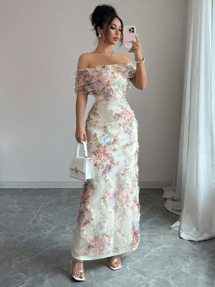 Printed Textured Fabric Off Shoulder Ruffle Maxi Dresses