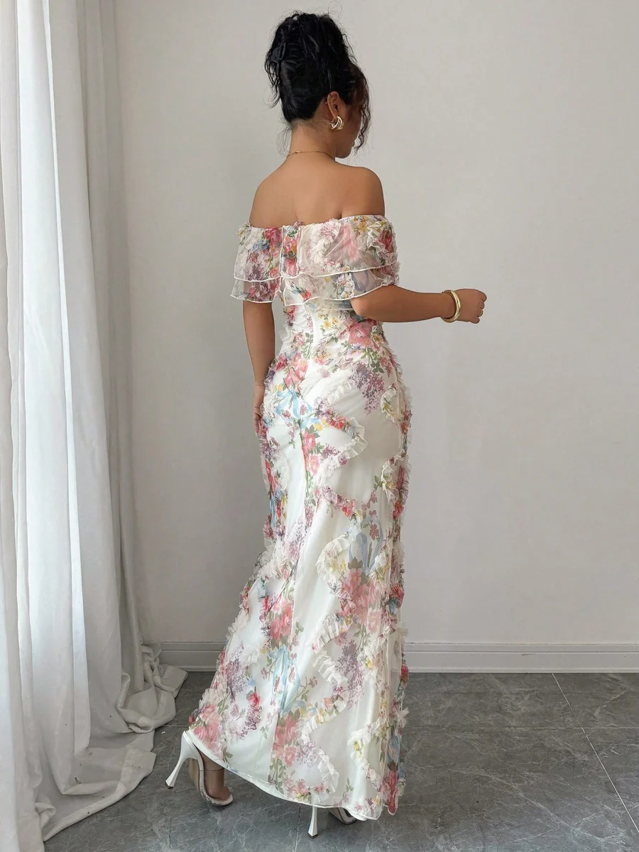 Printed Textured Fabric Off Shoulder Ruffle Maxi Dresses - Image 2