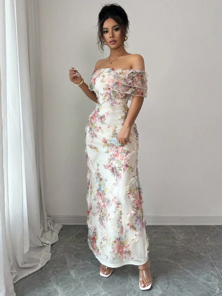 Printed Textured Fabric Off Shoulder Ruffle Maxi Dresses - Image 3