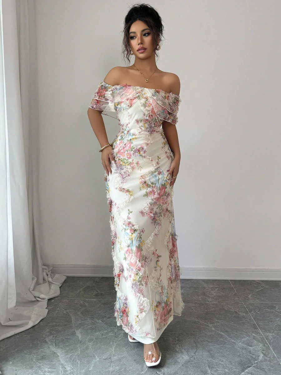 Printed Textured Fabric Off Shoulder Ruffle Maxi Dresses - Image 4