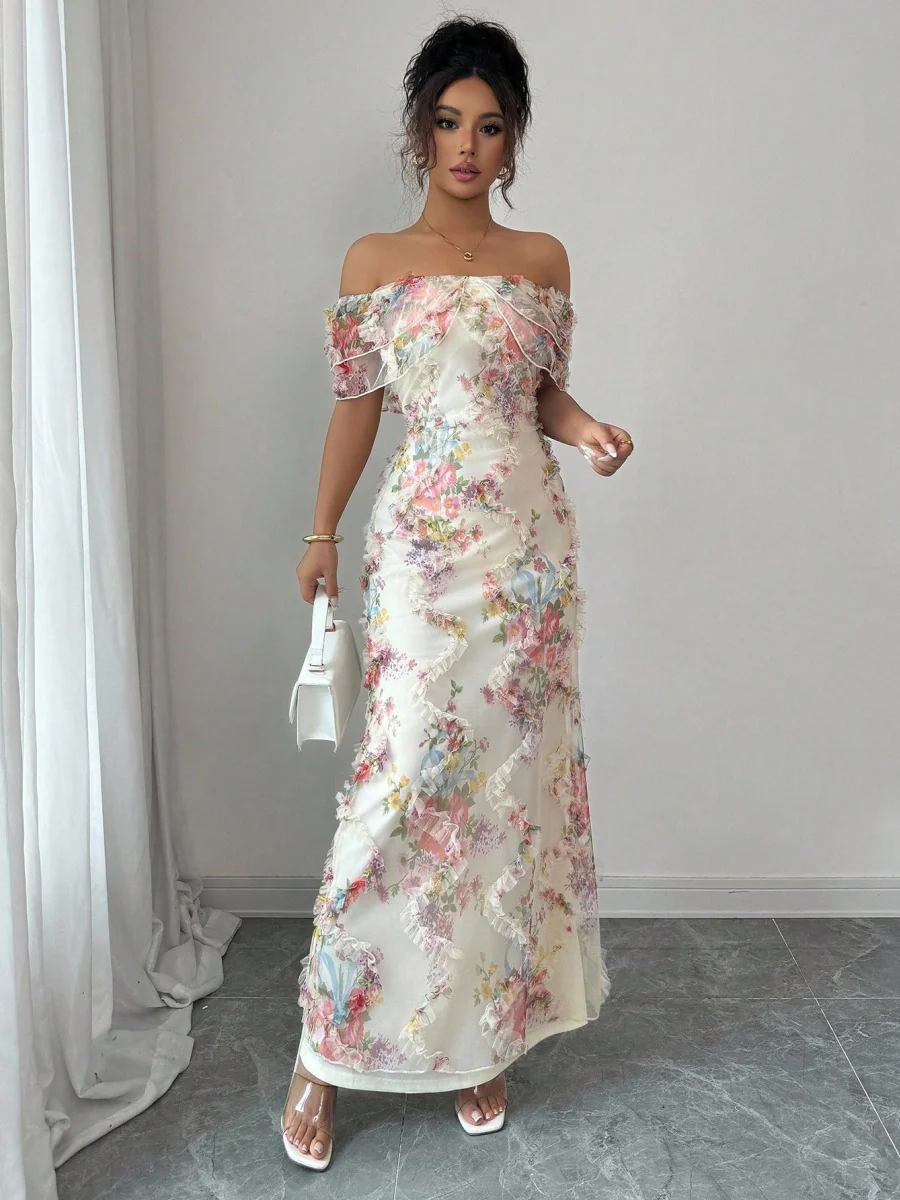 Printed Textured Fabric Off Shoulder Ruffle Maxi Dresses - Image 5