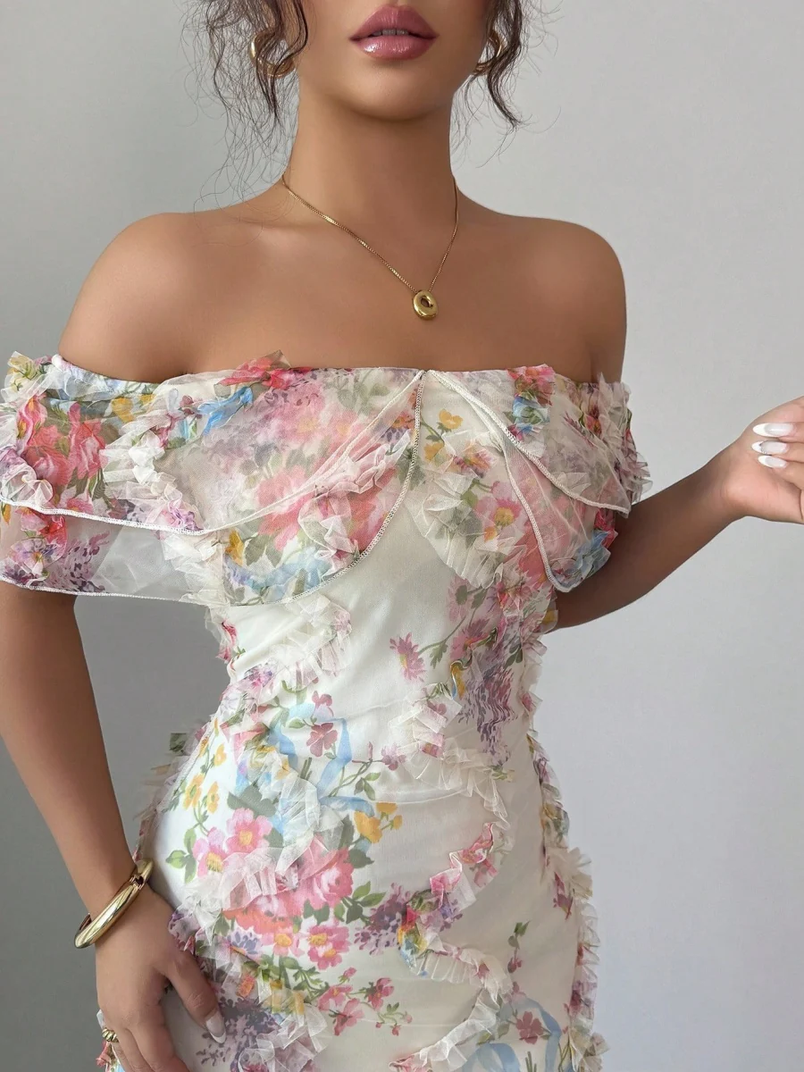 Printed Textured Fabric Off Shoulder Ruffle Maxi Dresses - Image 6