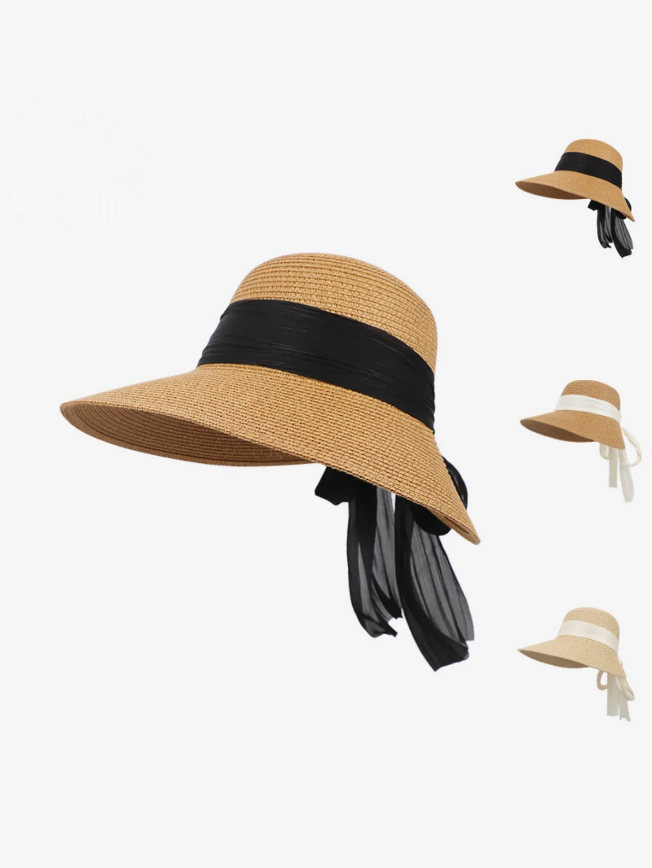 Beach Vacation Sunshade Straw Hat With Wide Brim, Bow And Ribbon