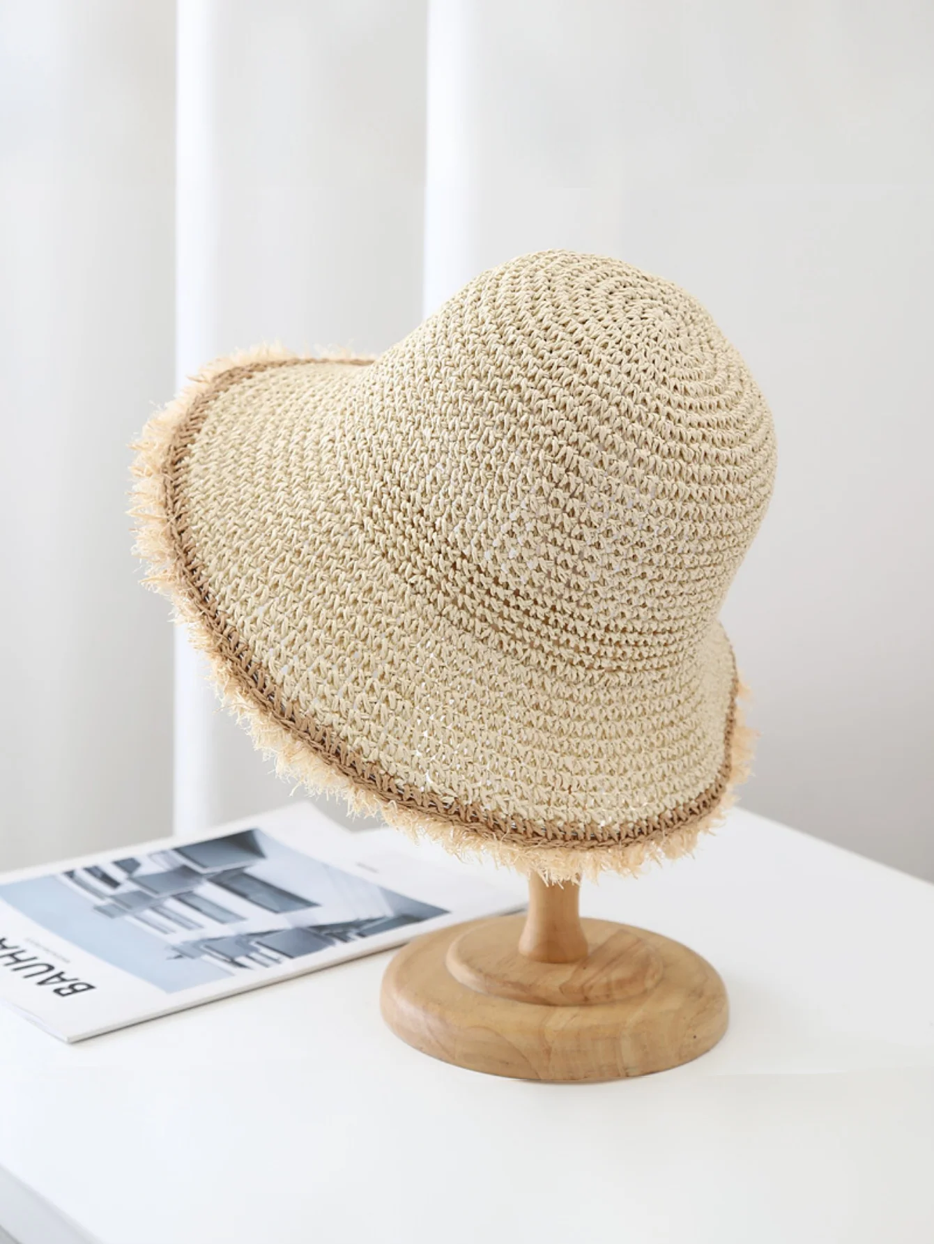 Wide-brimmed, Frayed Woven Straw Hat - Image 2